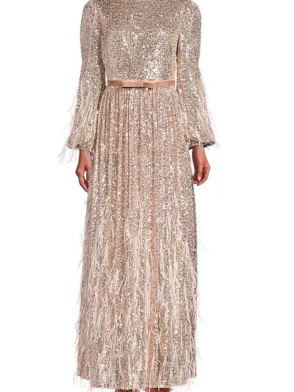 Antonio Melanie Nicola Bathie Feather-Trim Sequin Maxi Dress in Rose Gold